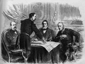 Guerra de 1870 - Cerco de Paris: assinatura do armistício entre os representantes franceses e prussianos após a rendição de Paris, 28 de Janeiro de 1871. Da esquerda para a direita: Otto von Bismarck (1815-1898), Horix de Valdan (1810-1883), Jules Favre (1