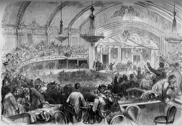 Guerra de 1870 - eleições legislativas durante o armistício - fevereiro de 1871: reunião eleitoral no Cabaret des Folies Bergères, em Paris, para a proclamação dos candidatos à Assembleia Nacional. Gravura em «Le Monde Illustré», n.º 722 de 11 de