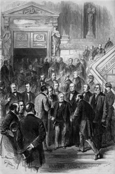 Guerra de 1870: o presidente do Conselho Adolphe Thiers (1797-1877) recebeu as felicitações dos deputados à saída da Assembleia Nacional reunida em Bordéus em 19 de fevereiro de 1871. Acabara de obter a investidura do seu governo. Gravura em «Le Mo»