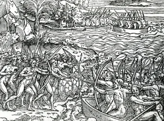 Cena de guerra, Brasil, ilustração de "Singularities of France Antarctique", de Andre de Thevet, 1558