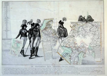 Guerras da Revolução: General Napoleão Bonaparte (1769-1821) segurando um mapa da Itália (na época da Campanha Italiana) para completar o quebra-cabeça dos territórios conquistados pela França. À esquerda, provavelmente os generais Hoche, Pichegru e Jean V