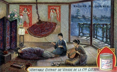 Maneiras de dormir: Quarto de dormir japonês. Cromolitografia de embalagem Liebig.