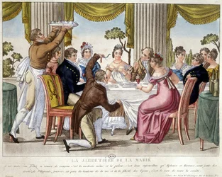 Refeição de casamento, ritual da liga - c. 1812.