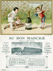 Que sorte! uma garrafa de champanhe; frente e verso de um cartão promocional para as lojas de departamento Bon Marché em Paris, c.1895