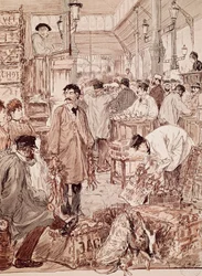 Leilão de caça selvagem em Les Halles, ilustração, Paris, França
