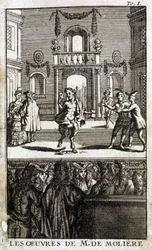 Vida selvagem e personagens em palco com público - em "As Obras de M. de Molière".