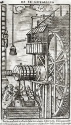 Guincho para obter água de uma mina, ilustração de De Re Metallica por Georg Bauer (1494-1566), conhecido como Agricola, 1561