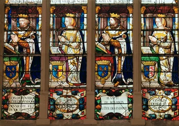 Janela representando Louis de Bourbon (1376-1446) Conde de Vendome, Jeanne de Laval (d.1468) João II de Bourbon (1446-77) Conde de Vendome e Isabelle de Beauvau (d.1474)