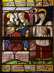 Janela que representa São Nicolau deixando dinheiro para o pai de três meninas para evitar que elas entrem em prostitusão (vitral)