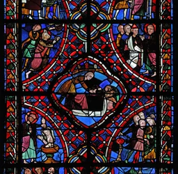 Janela retratando a terceira seção da janela de St James, w5: nem todas as cenas foram identificadas, mas um batismo pode ser visto e possivelmente o martírio do santo
