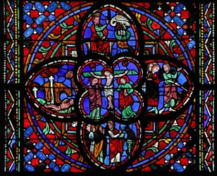 Janela representando a terceira seção da janela com a Crucificação: também Moisés golpeia a rocha em Horebe; a serpente de bronze; um leão revive seus jovens; David e o pelicano