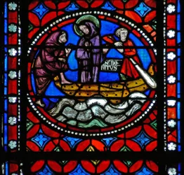 Janela s1-R representando uma cena da viagem de St Bonnets para Roma e aventuras