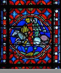Janela s1-R representando uma cena da viagem de São Capelas a Roma e aventuras; Pavia é sitiada