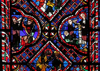 Janela w03 retratando cenas da lenda de São João: o santo e o copo envenenado