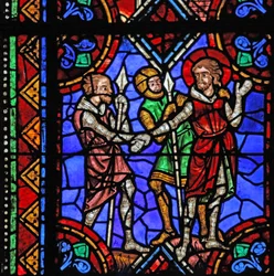 Janela w06 representando St Julian de Brioude história - St Ferreol, um amigo de Julien, que morreu durante as perseguições de Diocleciano, é preso