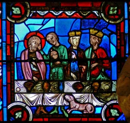 Janela w0 que descreve uma cena da vida de St Thomas: com Gundaphorus