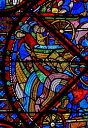 Janela w15 que descreve a história das relíquias de St Stephens: Apesar dos esforços dos demônios, o navio que transporta as relíquias sobrevive à jornada - outros navios afundaram