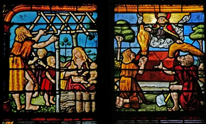 Janela w1 representando Adam construindo uma casa e Eva trazendo seus filhos; Caim e Abel fazem suas oferendas ao Senhor