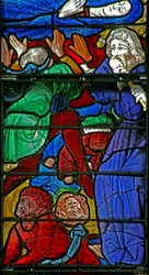 Janela w4 representando o funeral da Virgem Maria e o capotamento do caixão (o menino de Bourges)