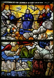Janela w7 representando uma cena do livro de Apocalipse de São João: o trono no céu: as quatro bestas sagradas
