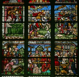 Janela w8 representando St Helen e o achado da Cruz com o Imperador Constantino; acima é a cena de batalha onde a Cruz apareceu e Constantino triunfa