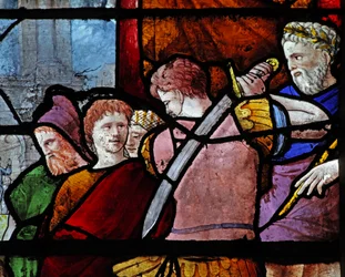 Janela w9 representando figuras com a morte de St Paul