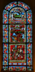 Janela wXVIII representando 3 painéis atribuídos ao Mestre da Ascensão: um rei adormecido; Pilatos lavando as mãos; São Pedro é levado da prisão por um anjo