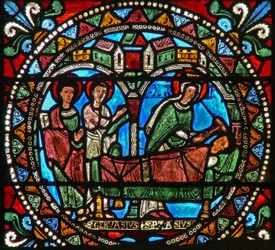 Vitral wXXI que representa a Virgem Maria na morte do assassino de São Gervásio e São Protásio