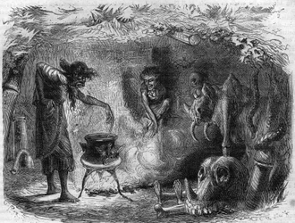 Prática de bruxaria: bruxa ao redor de um caldeirão fazendo poções e sortilégios mágicos. Gravação em "Histoire des Papes-Rois-Queen and Empereurs a travessa les centuries" por Maurice Lachatre