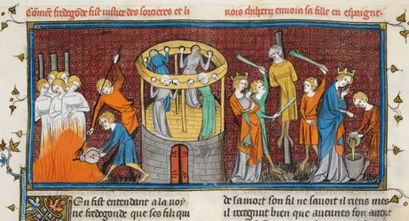 Bruxas queimadas, de Les Grandes chroniques de France, MS Royal 16 G VI f. 64