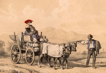 Mulher e criança em trajes tradicionais andando em um carrinho cheio de sacos, por volta de 1840