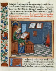 Mulher iluminando o livro do prudente e imprudente por Catherine dAmboise, 1509