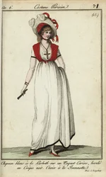 Mulher com chapéu Lisbeth à moda de 1798 (gravura em chapa de cobre colorida à mão)