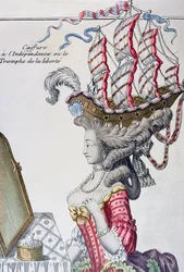 Mulher em um vestido de dia com um penteado a la Belle Poule, período da independência americana, 1779-80