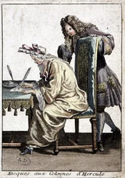 Mulher de camisa e touca de dormir a escrever uma carta com homem, n.d. v. 1715.