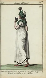 Mulher à moda de 1798 (gravura em chapa de cobre colorida à mão)