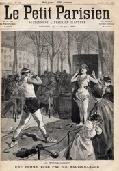 Mulher morta por acidente durante um show de saltibank na rua, Place des Quinconces em Bordeaux. Um dos jornais " Le petit Parisien" em 5/03/1893 (gravura)