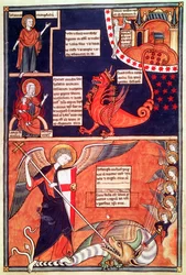 Mulher do Apocalipse sendo atacada pelo Dragão de Sete Cabeças e São Miguel Matando o Dragão, de Liber Floridus por Lambert de Saint-Omer, c.1120