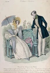 Mulher, com, guarda-chuva, e, homem fraque, agasalho, em, um, jardim, moda, prato, de, des des dames, e, des, modos, 5, junho, 1836