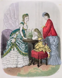Mulheres e uma criança olhando para um aquário, de La Mode Illustrée, c.1870