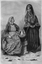Mulheres de Trípoli, da Síria hoje. Viajar para a Fenícia, o Líbano e a Judéia. 1875-1880 de Louis Charles Emile Lortet, 1884 (gravura do bw)