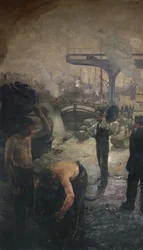 Trabalhadores, descarregando, carvão, de, um, barcaça, cedo, vigésimo século