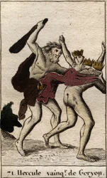Trabalhos de Hércules: "Hercule triumphant du geant aux trois corps Geryon" (Trabalho de Heracles, Hércules matando o monstro Geryon) de "Mythologie de la jeunesse" de Pierre Blanchard 1803.