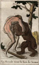 Trabalhos de Hércules: "Hércules matando o leão de Nemee" (Primeiro trabalho de Heracles, Hércules matando o leão de Nemean) de "Mitologia da Juventude" de Pierre Blanchard 1803.