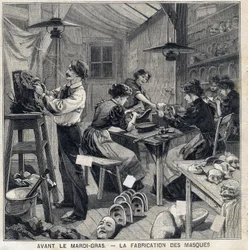 Oficina de fabricação de máscaras para os disfarces do festival Mardi-Gras (Mardi-Gras). No "Le Petit Parisien" em 14/02/1897
