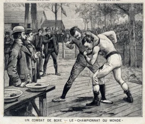 Campeonato Mundial: luta de boxe entre Jim Corbett e Bob Fitzsimmons em Carson, Nevada, Estados Unidos: Em "The Little Parisien" a 11/04/1897. Coleção Privada