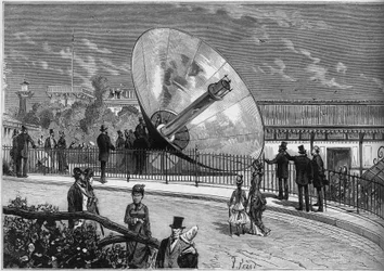 Exposição Mundial 1878 em Paris: forno solar inventado por Augustin Mouchot (1823-1912). Gravura em "Le Monde Illustré" n°1125 de 19 de Outubro de 1878.