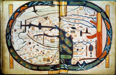 Mapa-mundo de São Severo. Miniatura extraída dos comentários do "Apocalipse segundo São João", escrito em 775 pelo monge Beato de Liebana