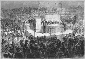 O escritor Ernest Legouve (1807-1903) preside a uma "reunião patriótica" organizada para levantar fundos para resgatar os departamentos franceses ocupados pela Alemanha desde o fim da Guerra de 1870. Paris, circo dos Campos Elíseos, 25 de fevereiro
