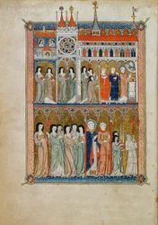 Yates Thompson 11 f.6v Missa com a participação de funcionários com uma procissão abaixo, c.1300 (vellum)